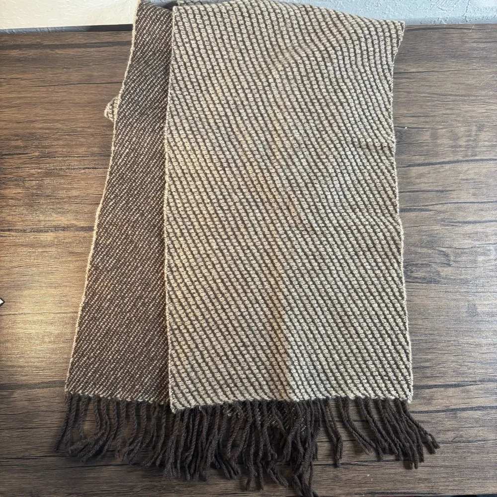 KING DEER 100% Cashmere Scarf Brown Tan Woven‎ Stripe Fringe 54